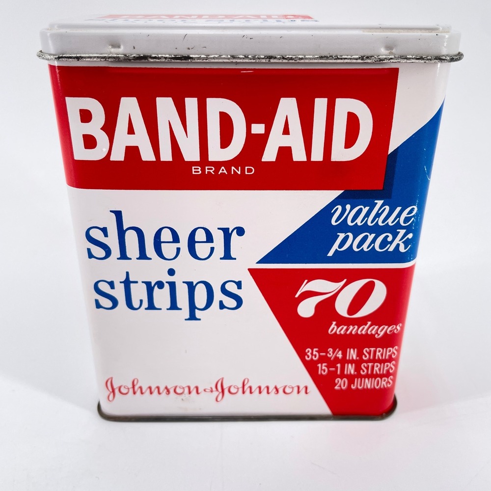 Vtg Band-Aid Tin Johnson Sheer Strips Value Pack Bandages Retro Bathroom Decor